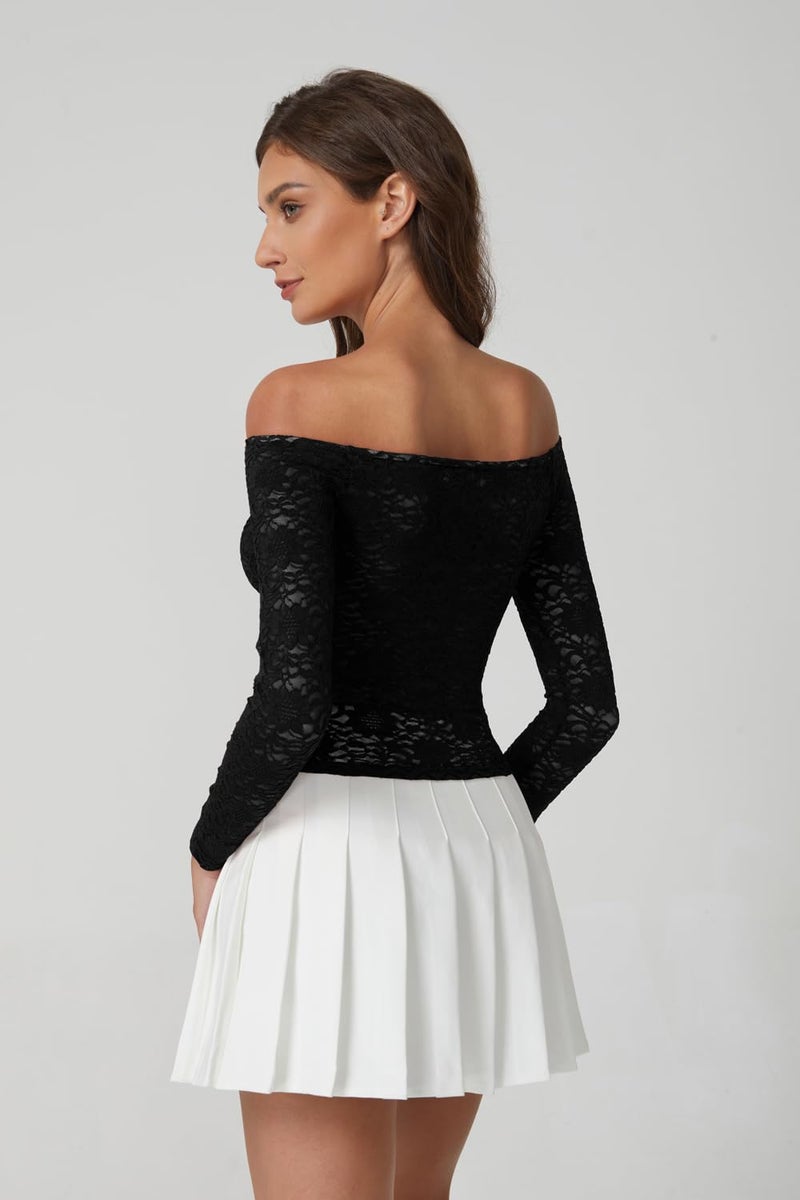 QINSEN Off Shoulder Tshirts for Women Lace Trim Long Sleeve Double Lined Y2k Trendy Tops Black M - Image 5