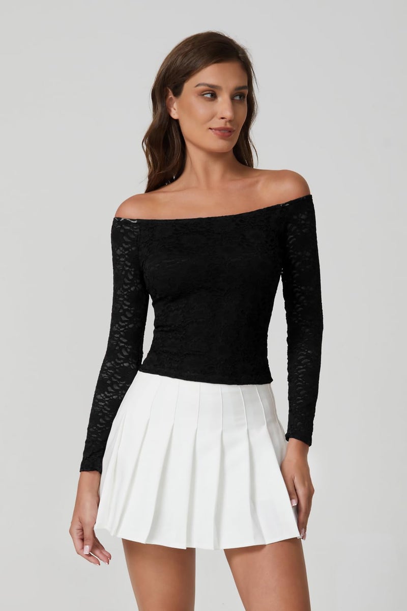 QINSEN Off Shoulder Tshirts for Women Lace Trim Long Sleeve Double Lined Y2k Trendy Tops Black M - Image 4