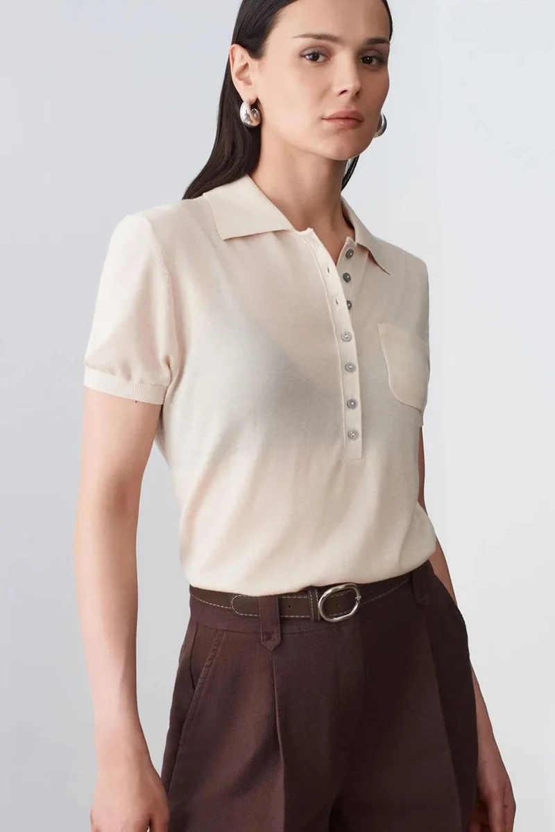 Dilvin Cream Natural DILVIN Slim Fit Polo Collar Knitted Blouse for Women | Best Price UAE