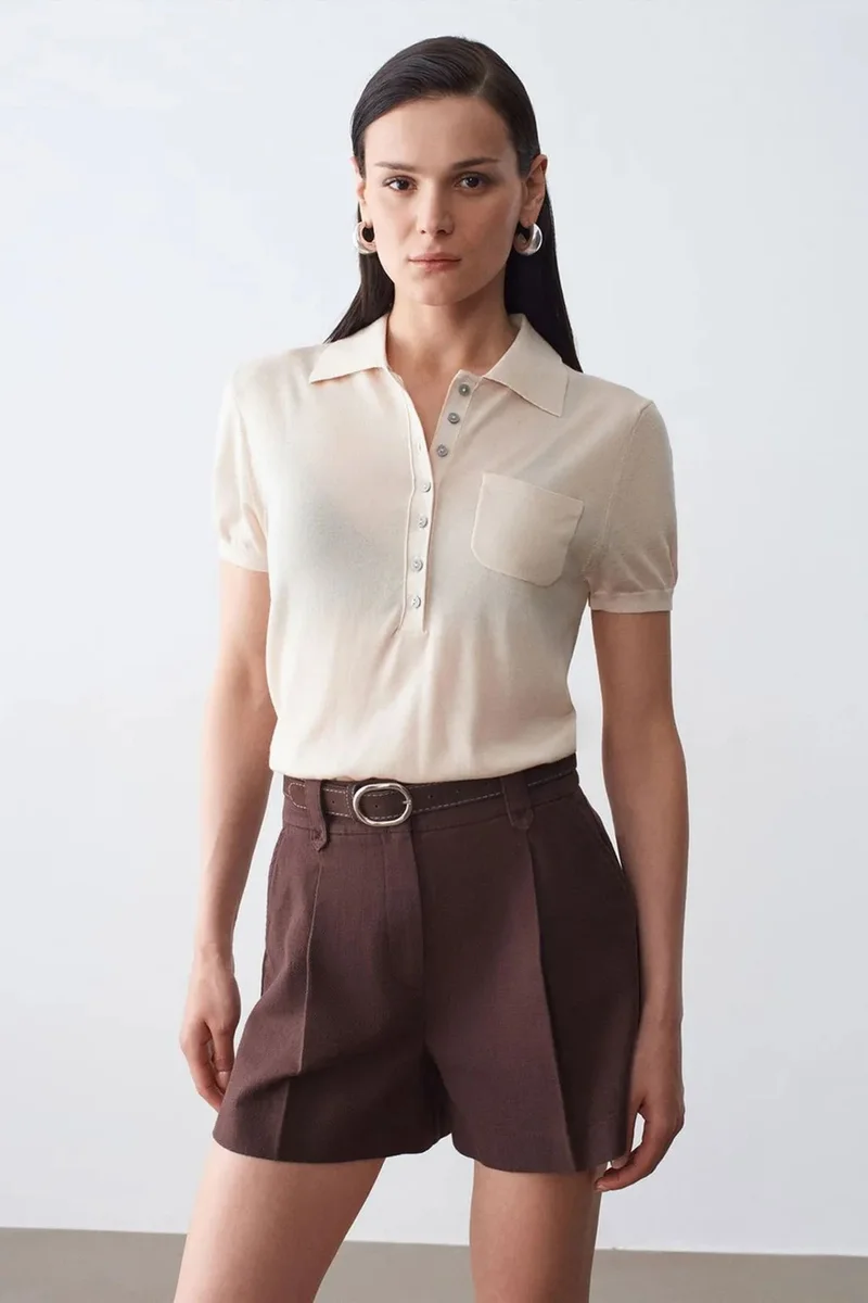 DILVIN Slim Fit Polo Collar Knitted Blouse