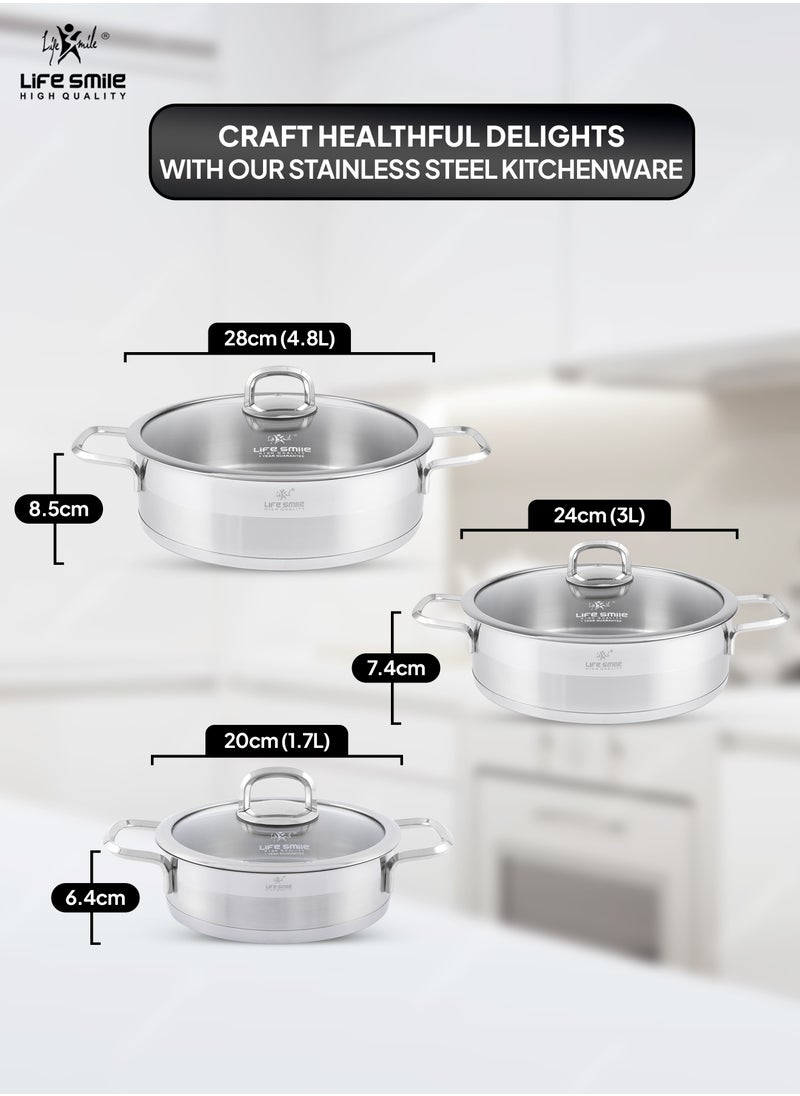 Life Smile - 6-Piece President Series Premium 18/10 Stainless Steel Shallow Cooking Pot Set - Induction 3-Ply Thick Base Casserroles 20/24/28cm with Glass Lid for Even Heating Oven Safe Silver - Image 1