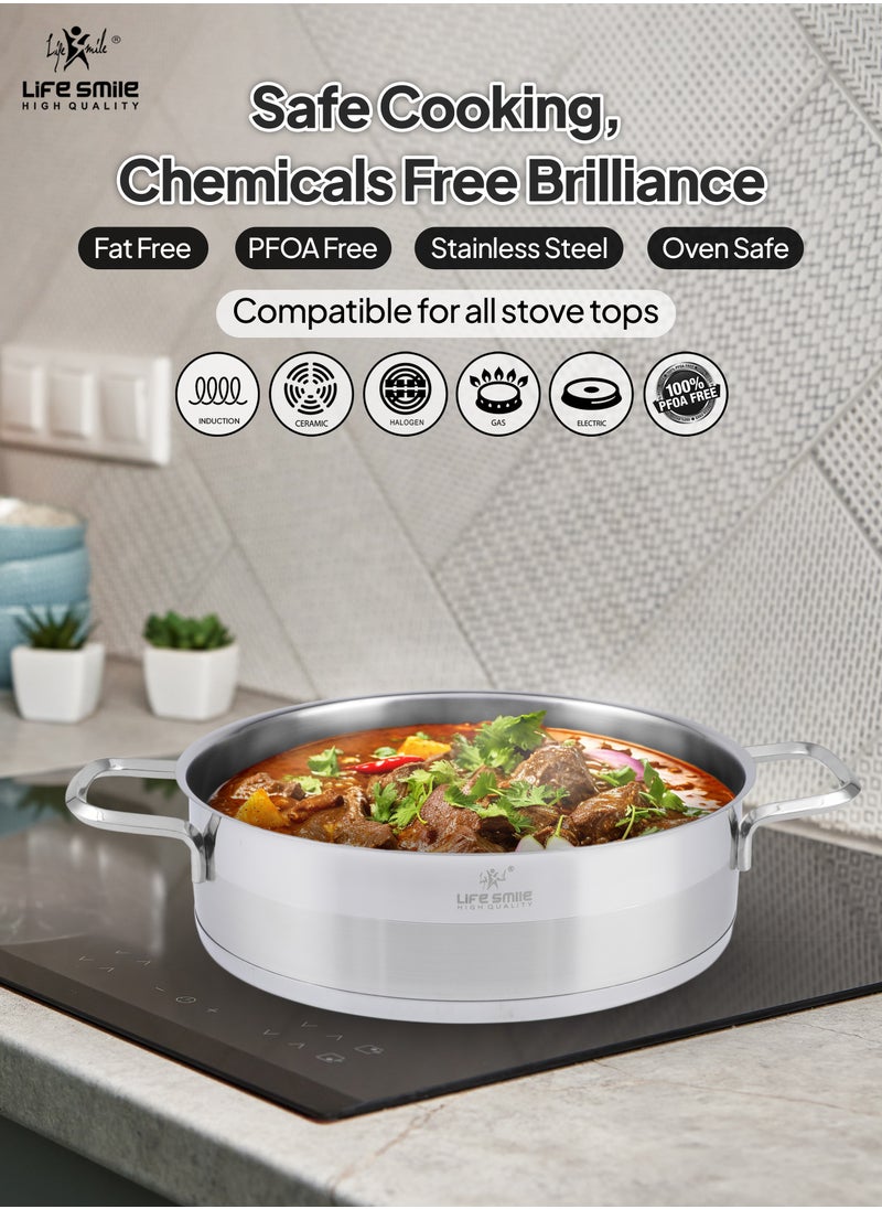 Life Smile - 6-Piece President Series Premium 18/10 Stainless Steel Shallow Cooking Pot Set - Induction 3-Ply Thick Base Casserroles 20/24/28cm with Glass Lid for Even Heating Oven Safe Silver - Image 1