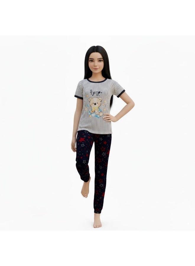 جوانا طقم بيجاما بناتي بطبعة لك، قميص بأكمام قصيرة وبنطال طويل، أبيض/كحلي - Image 4