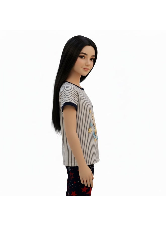 جوانا طقم بيجاما بناتي بطبعة لك، قميص بأكمام قصيرة وبنطال طويل، أبيض/كحلي - Image 5