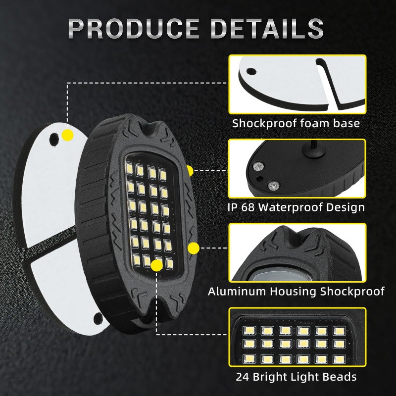 TDE Explorer.Lighting 20 Pods Alloy Pure White LED Rock Lights with Extension Wires, IP68 Waterproof Shockproof 24LEDs 6500K Super Bright White Neon Underglow Kit for Semi Trucks Trailer Offroad Pickup Boats Sedans RV - Image 5