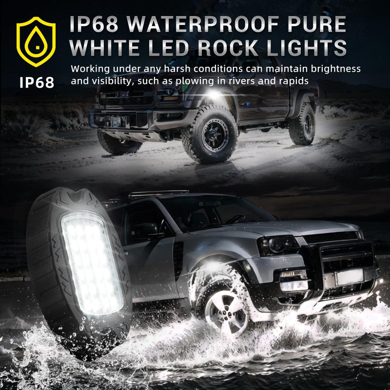 TDE Explorer.Lighting 20 Pods Alloy Pure White LED Rock Lights with Extension Wires, IP68 Waterproof Shockproof 24LEDs 6500K Super Bright White Neon Underglow Kit for Semi Trucks Trailer Offroad Pickup Boats Sedans RV - Image 4