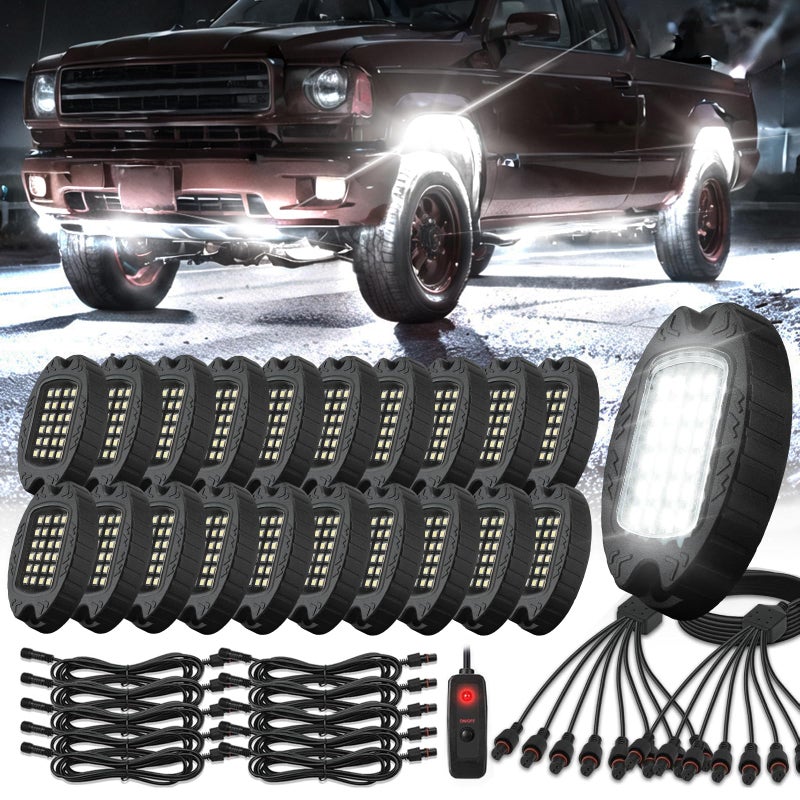 TDE Explorer.Lighting 20 Pods Alloy Pure White LED Rock Lights with Extension Wires, IP68 Waterproof Shockproof 24LEDs 6500K Super Bright White Neon Underglow Kit for Semi Trucks Trailer Offroad Pickup Boats Sedans RV - Image 1