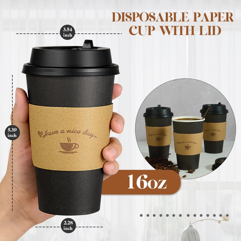 LITOPAK 100 Pack 16 oz Paper Coffee Cups with Lids, Black Disposable Coffee Cups with Lids, Sleeves and Stirring Sticks, for Parties, Picnic, Travel, and Events - Image 2