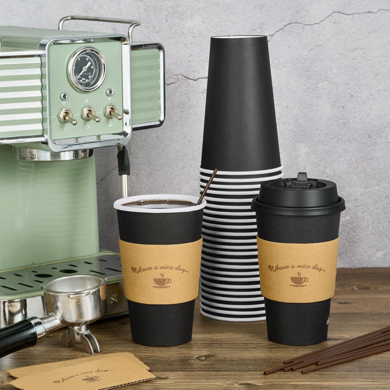 LITOPAK 100 Pack 16 oz Paper Coffee Cups with Lids, Black Disposable Coffee Cups with Lids, Sleeves and Stirring Sticks, for Parties, Picnic, Travel, and Events - Image 4