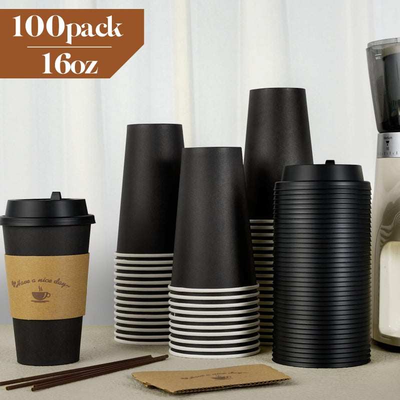 LITOPAK 100 Pack 16 oz Paper Coffee Cups with Lids, Black Disposable Coffee Cups with Lids, Sleeves and Stirring Sticks, for Parties, Picnic, Travel, and Events - Image 3