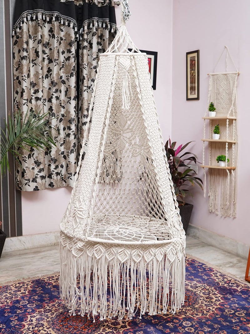 Patiofy Premium Luxury Macrame Swing for Adults/Swing for Home/Swing for Living Room/Swing for Balcony/Jhula for Adults/Swing Chair with Red Large Sitting Cushion (Beige) - Image 4