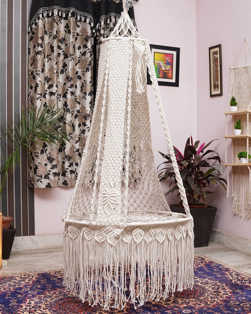 Patiofy Premium Luxury Macrame Swing for Adults/Swing for Home/Swing for Living Room/Swing for Balcony/Jhula for Adults/Swing Chair with Red Large Sitting Cushion (Beige) - Image 3