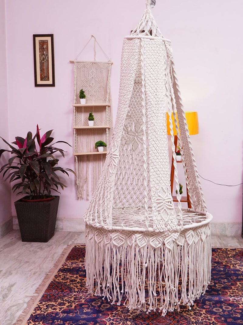 Patiofy Premium Luxury Macrame Swing for Adults/Swing for Home/Swing for Living Room/Swing for Balcony/Jhula for Adults/Swing Chair with Red Large Sitting Cushion (Beige) - Image 5