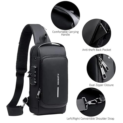 TrueArch Crossbody Sling Bag for Men Crossbody Adjustable Shoulder Strap With Safety Zipper Slot Anti-Theft Sling Bag with Lock, USB Charging (Black) - Image 5