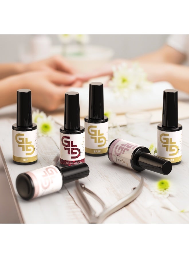 GL Factory Gel Nail Polish – 6 x 8ml Colors SET Soak Off LED UV for Manicure Salon Quality Long Lasting Nail Coating Art Design (3 Basic Colors Primer Base Top) - Image 4