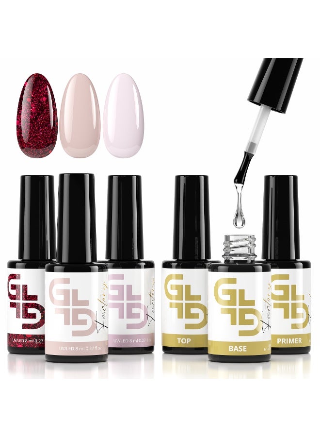 GL Factory Gel Nail Polish – 6 x 8ml Colors SET Soak Off LED UV for Manicure Salon Quality Long Lasting Nail Coating Art Design (3 Basic Colors Primer Base Top) - Image 1