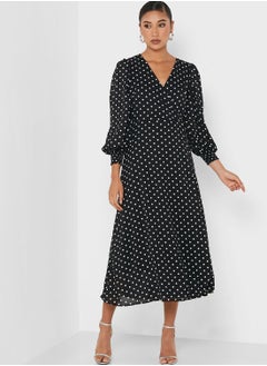 GHOSPELL Balloon Sleeve Printed Side Slit Dress  - Image 1