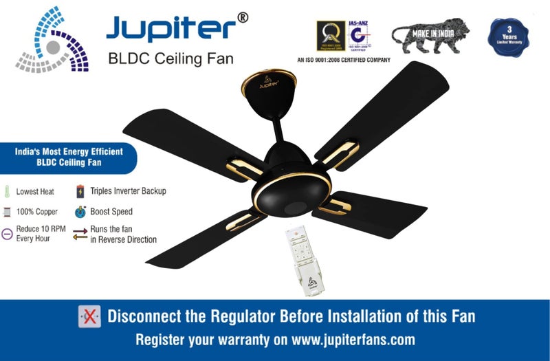 Jupiter Bullet 4 Blades BLDC Motor 900 mm | Energy Efficient 5 Star Energy Saver | High Speed Decorative Ceiling Fan Remote Controlled | Black & Gold - Image 2