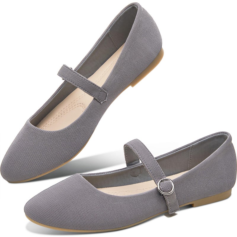 Obtaom Mary Jane Flat Shoes Round Toe Ballet Flats for Women Dressy Fabric Business Flats Comfortable Classic Strap Flats for Office(Grey,US8) - Image 1