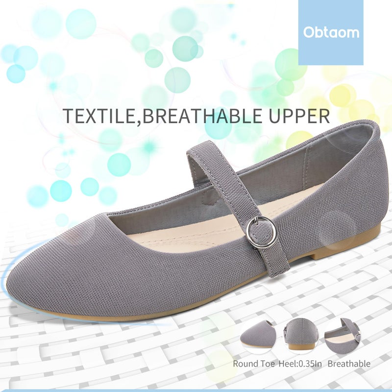 Obtaom Mary Jane Flat Shoes Round Toe Ballet Flats for Women Dressy Fabric Business Flats Comfortable Classic Strap Flats for Office(Grey,US8) - Image 4