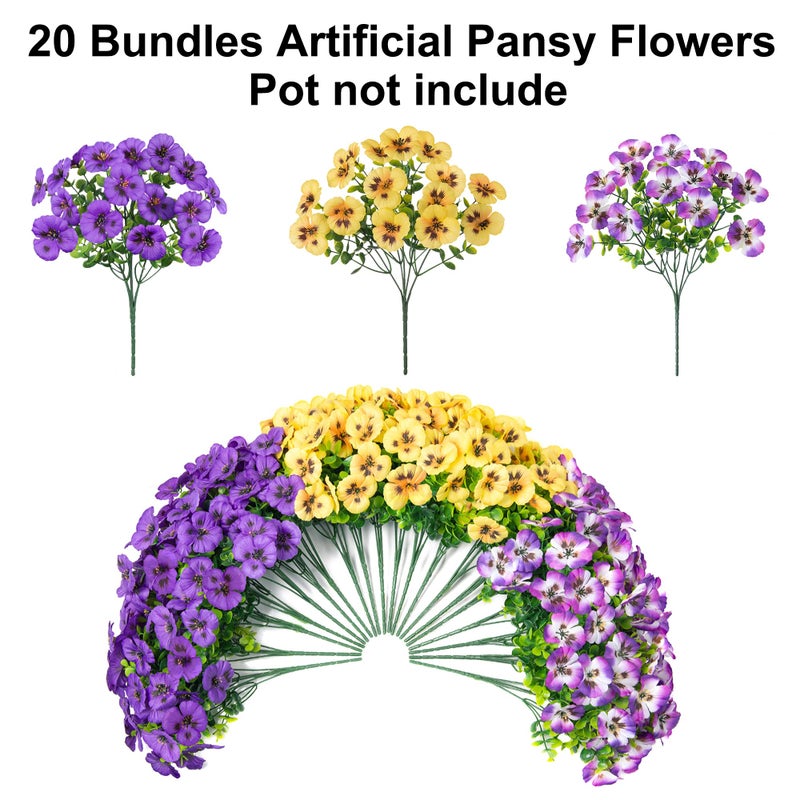 Ivydale Artificial Flowers for Outdoor Spring Decor, 20PCS Fake Pansy Flowers Faux Silk Pansies UV Resistant Plants for Front Door Porch Yard Patio Window Box Home Decor(Purple Yellow Gradient Purple) - Image 5