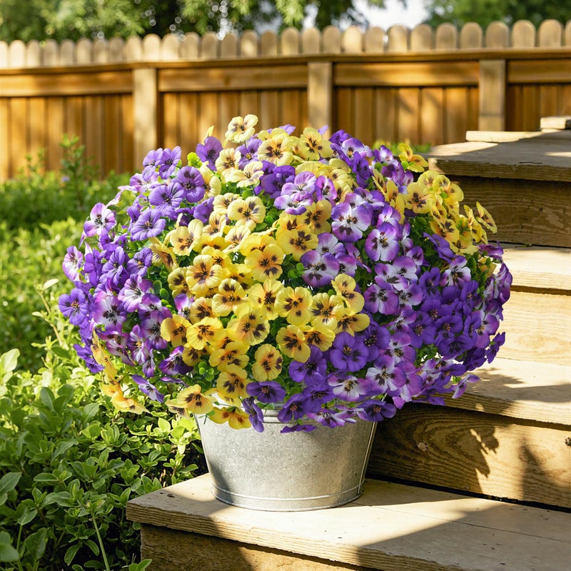 Ivydale Artificial Flowers for Outdoor Spring Decor, 20PCS Fake Pansy Flowers Faux Silk Pansies UV Resistant Plants for Front Door Porch Yard Patio Window Box Home Decor(Purple Yellow Gradient Purple) - Image 3