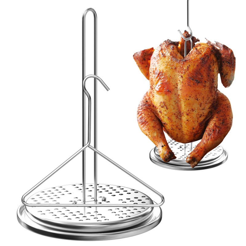 Turkey Fryer Stand with Handle Lifter Hook Kit Stainless Steel Chicken Poultry Chicken Vertical Roaster and Perforated Holder Base Accessories for Outdoor Turkey Deep Fryer Pot BBQ Oven