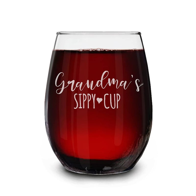 Shop4Ever shop4ever Grandmas Sippy Cup Engraved Stemless Wine Glass 15 oz Mothers Day Gift for Grandmother 