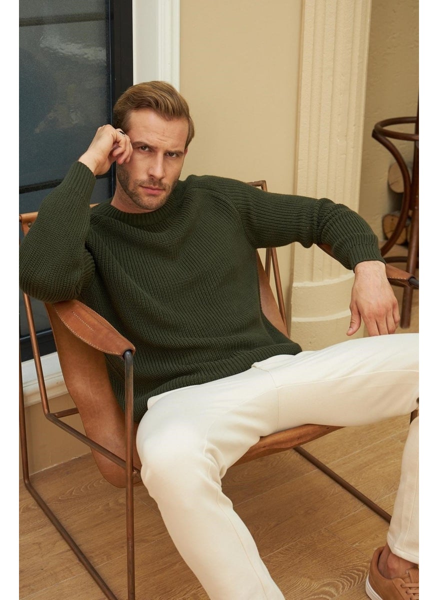 Odelon - Crew Neck Selanik Knitted Cotton Men's Khaki Knitwear Sweater - Image 1