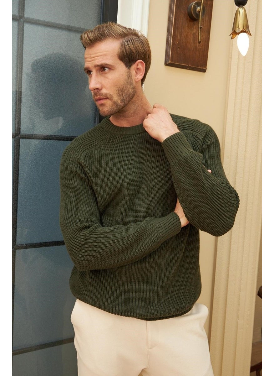 Odelon - Crew Neck Selanik Knitted Cotton Men's Khaki Knitwear Sweater - Image 1