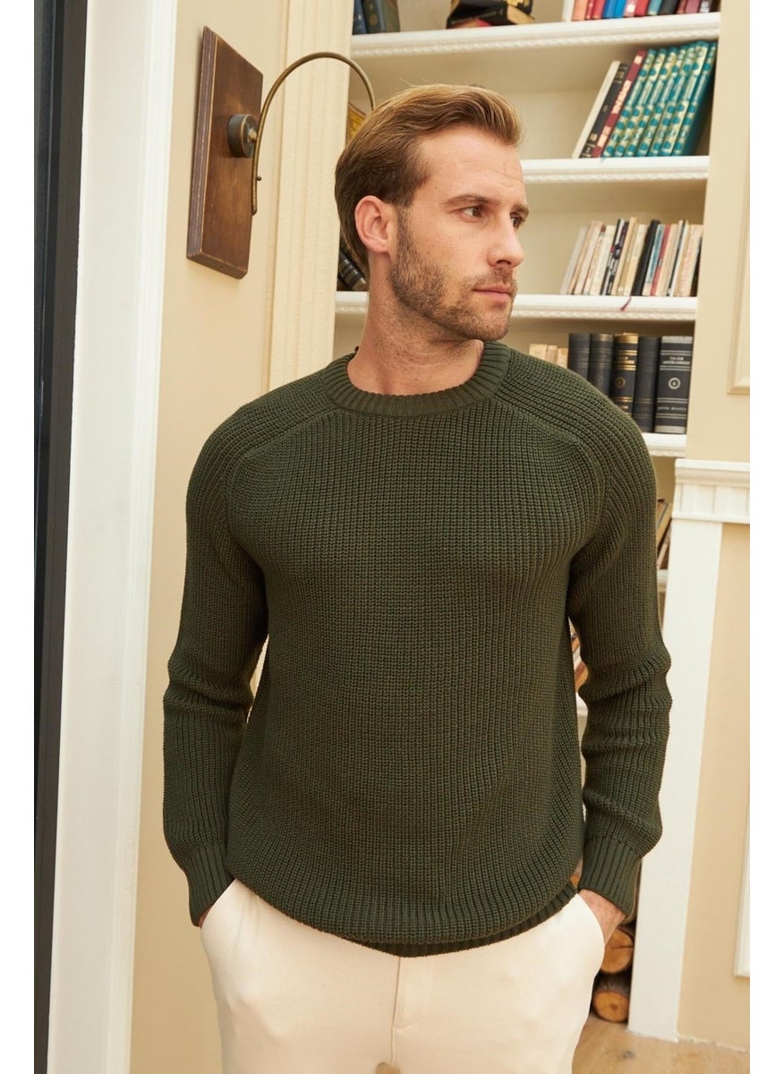 Odelon - Crew Neck Selanik Knitted Cotton Men's Khaki Knitwear Sweater - Image 1