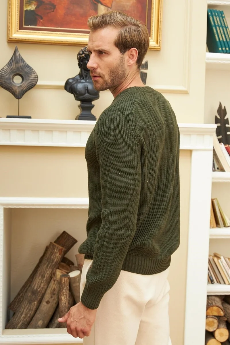 Odelon Crew Neck Selanik Knitted Cotton Men's Khaki Knitwear Sweater
