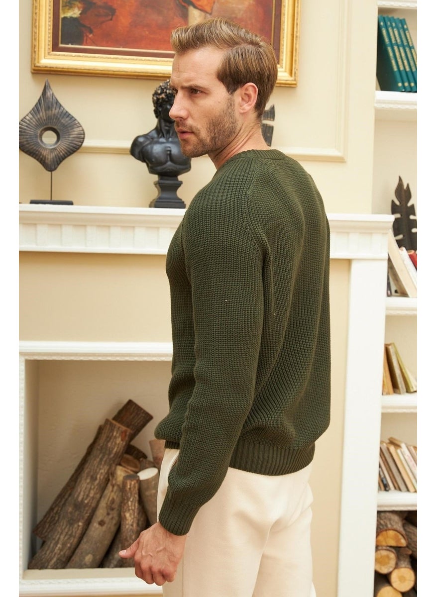 Odelon - Crew Neck Selanik Knitted Cotton Men's Khaki Knitwear Sweater - Image 1