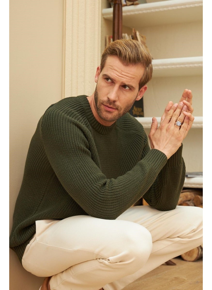 Odelon - Crew Neck Selanik Knitted Cotton Men's Khaki Knitwear Sweater - Image 1