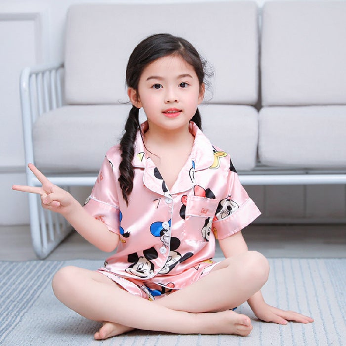 Cute Cartoon Kids Silk Pajama Set Pink Mickey 
