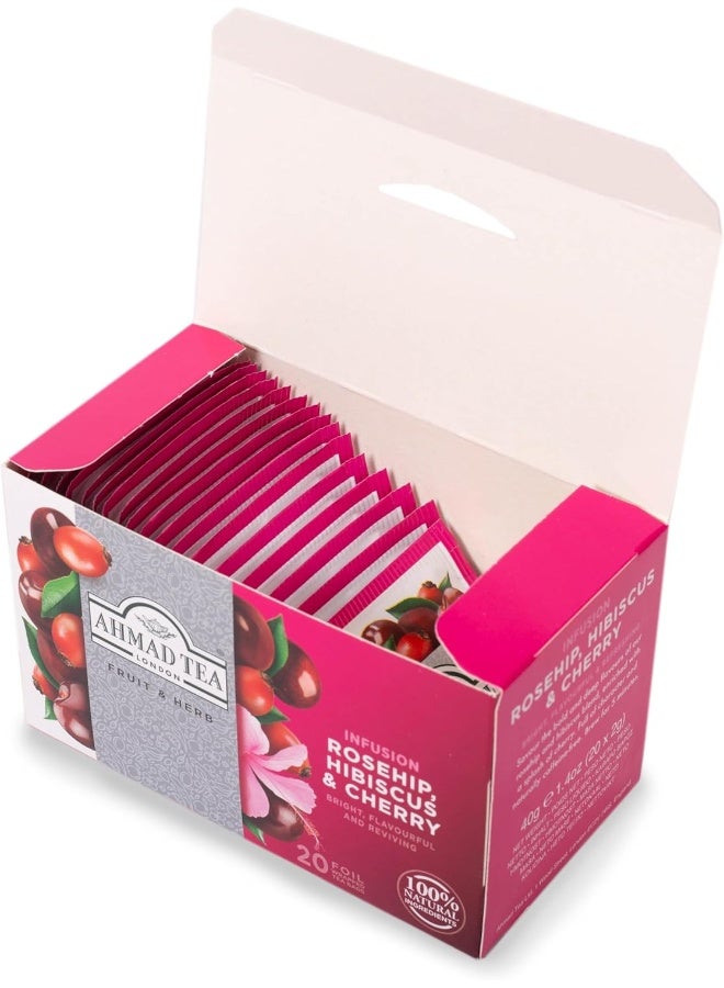 Ahmad Tea Rosehip, Hibiscus & Cherry Infusion - 20 Foil Wrapped Tea Bags - Image 3