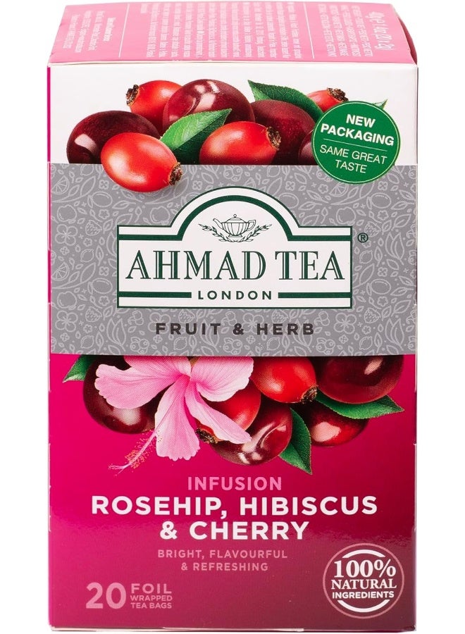 Ahmad Tea Rosehip, Hibiscus & Cherry Infusion - 20 Foil Wrapped Tea Bags - Image 1