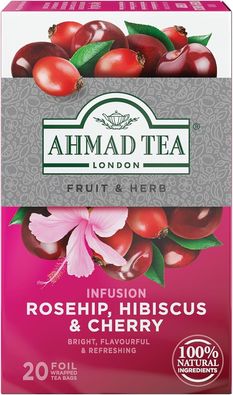 Ahmad Tea Rosehip, Hibiscus & Cherry Infusion - 20 Foil Wrapped Tea Bags - Image 2