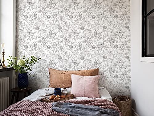 JiffDiff Black and White Floral Wallpaper 17.3" x 394" Peonies Removable Peel and Stick Flower Wall Paper Sketched Floral Self-Adhesive Prepasted Wallpaper Wall Decor - Image 3