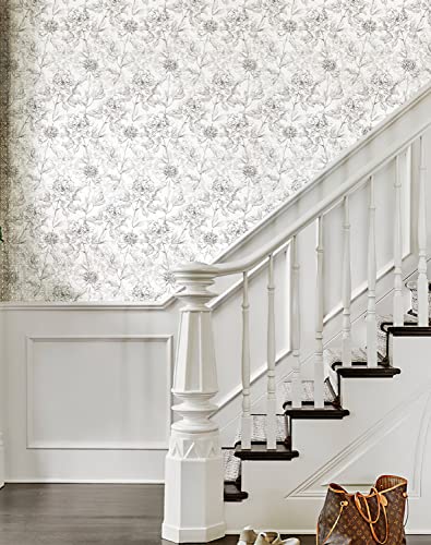 JiffDiff Black and White Floral Wallpaper 17.3" x 394" Peonies Removable Peel and Stick Flower Wall Paper Sketched Floral Self-Adhesive Prepasted Wallpaper Wall Decor - Image 5