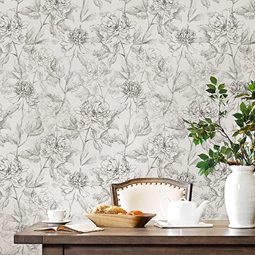JiffDiff Black and White Floral Wallpaper 17.3" x 394" Peonies Removable Peel and Stick Flower Wall Paper Sketched Floral Self-Adhesive Prepasted Wallpaper Wall Decor - Image 2