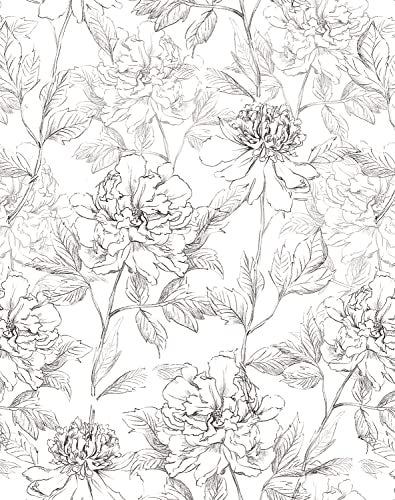 JiffDiff Black and White Floral Wallpaper 17.3" x 394" Peonies Removable Peel and Stick Flower Wall Paper Sketched Floral Self-Adhesive Prepasted Wallpaper Wall Decor - Image 1