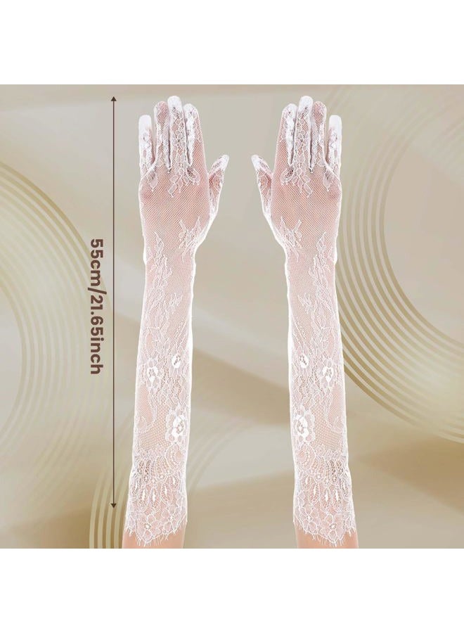 Yolev Bridal Gloves White Long Lace Gloves Bridal Finger Gloves for Wedding Elbow Flowers Lace Gloves Tea Party Opera Gloves Mittens, White, Einheitsgröße - Image 2