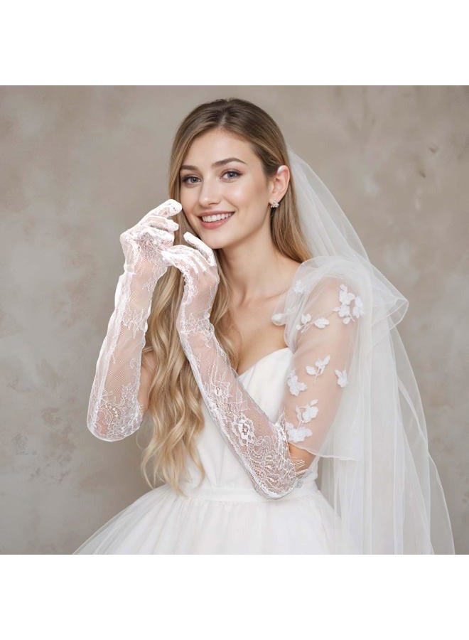 Yolev Bridal Gloves White Long Lace Gloves Bridal Finger Gloves for Wedding Elbow Flowers Lace Gloves Tea Party Opera Gloves Mittens, White, Einheitsgröße - Image 4