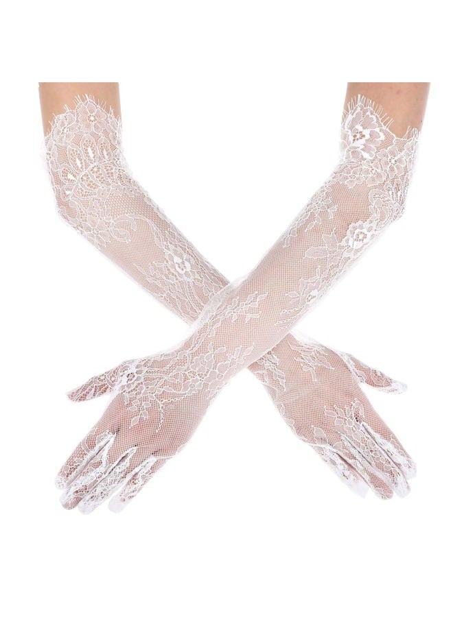 Yolev Bridal Gloves White Long Lace Gloves Bridal Finger Gloves for Wedding Elbow Flowers Lace Gloves Tea Party Opera Gloves Mittens, White, Einheitsgröße - Image 1