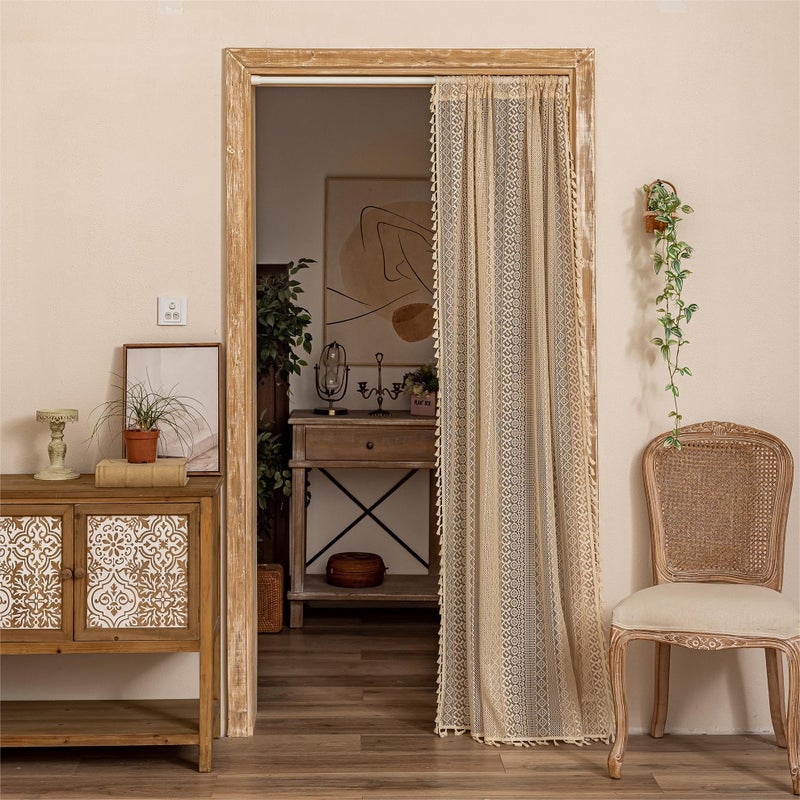 Sutuo Home Boho Doorway Curtains for Closet Patio, Lace Sheer Door Curtains for Doorway Crochet Vintage Chic Tassels Bohemian Temporary Room Divider Privacy Rustic Geometry Rod Pocket, 37" x 80" Beige - Image 1