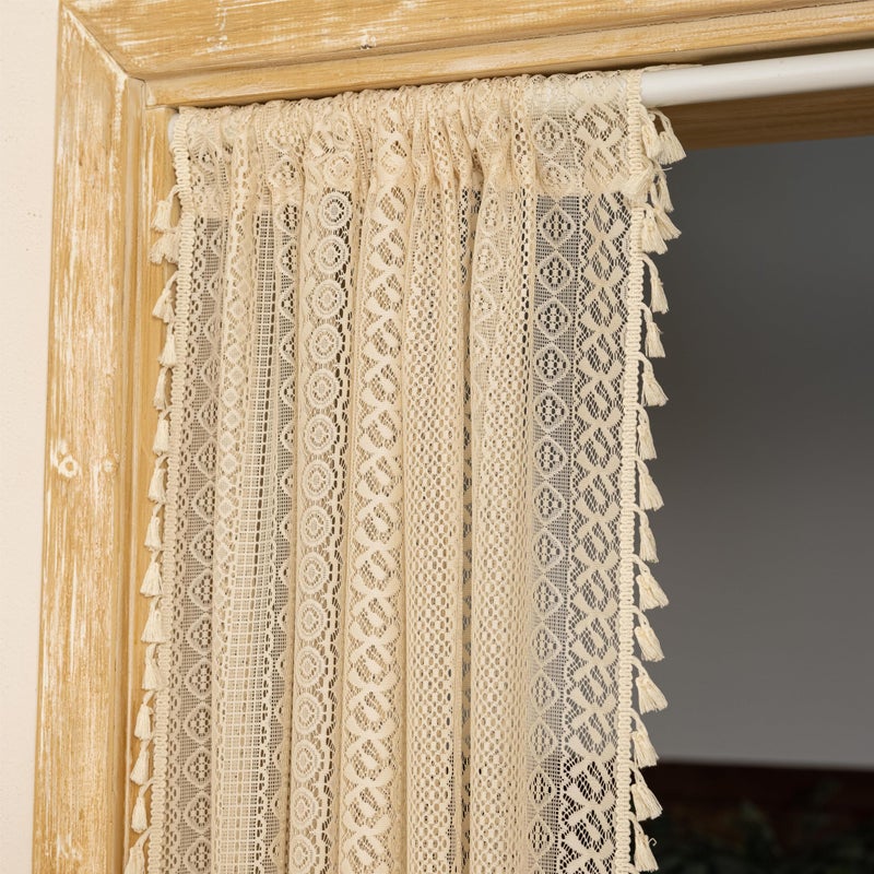 Sutuo Home Boho Doorway Curtains for Closet Patio, Lace Sheer Door Curtains for Doorway Crochet Vintage Chic Tassels Bohemian Temporary Room Divider Privacy Rustic Geometry Rod Pocket, 37" x 80" Beige - Image 3