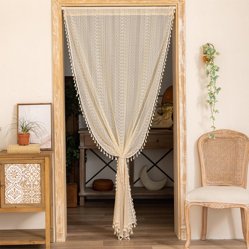 Sutuo Home Boho Doorway Curtains for Closet Patio, Lace Sheer Door Curtains for Doorway Crochet Vintage Chic Tassels Bohemian Temporary Room Divider Privacy Rustic Geometry Rod Pocket, 37" x 80" Beige - Image 4
