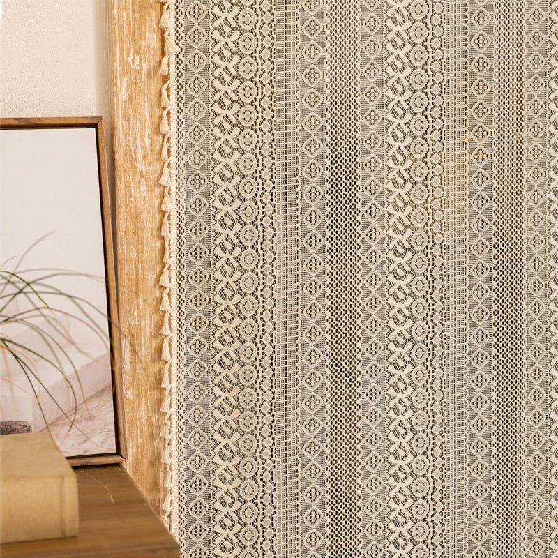 Sutuo Home Boho Doorway Curtains for Closet Patio, Lace Sheer Door Curtains for Doorway Crochet Vintage Chic Tassels Bohemian Temporary Room Divider Privacy Rustic Geometry Rod Pocket, 37" x 80" Beige - Image 5