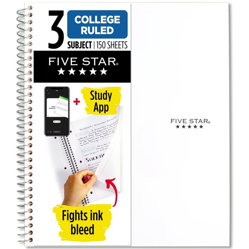 Five Star Spiral Notebook + Study App, 3 Subject, College Ruled Paper, Fights Ink Bleed, Water Resistant Cover, 8-1/2" x 11", 150 Sheets, White (72464) - Image 1